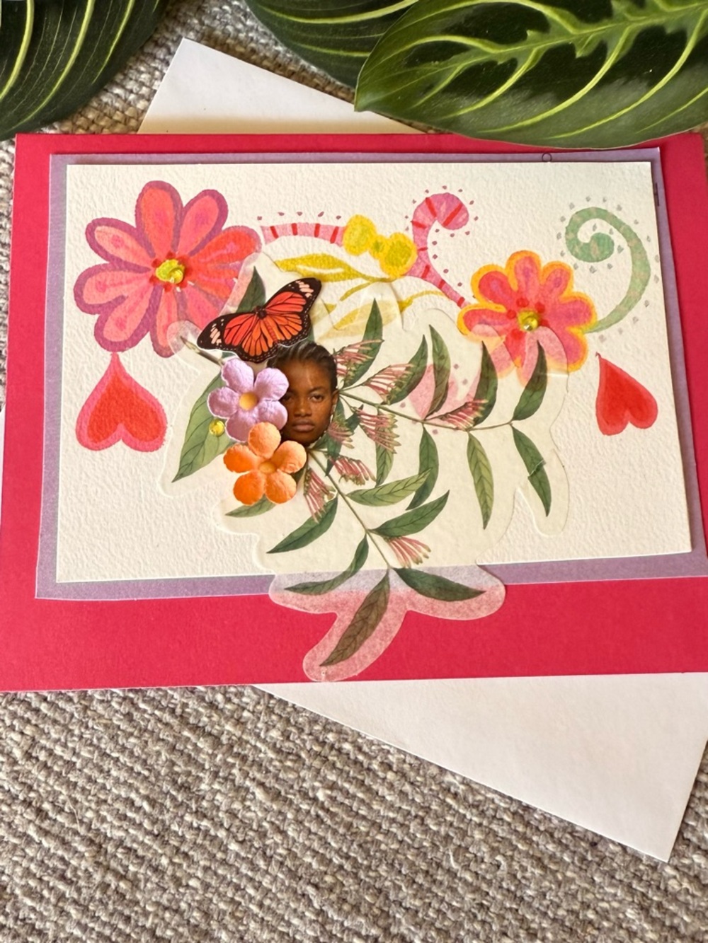 Handmade, one of a kind, -Floral Greeting Card - Pink Red Botanical Design.
